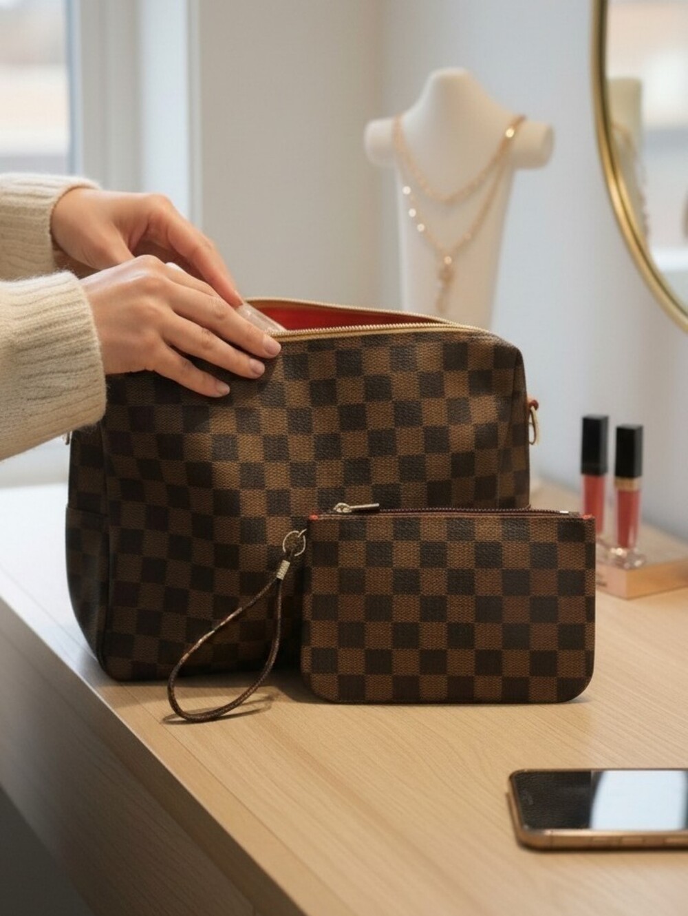 Brown Checkered Cosmetic Pouch Set with Wristlet